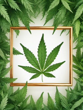 Photo Of Square Frame With Cannabis Leaves On A White Background, Watercolor Illustration. Generative AIの素材