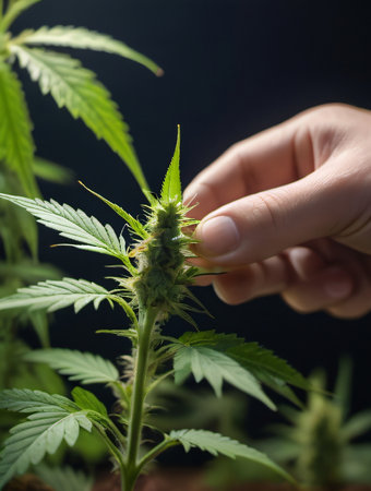 Photo Of A Scientists Hand Closeup Inspects The Pleasant Buds On A Cannabis Plant, Cannabis Plantation. Generative AIの素材
