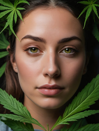 Photo Of Human Face And Cannabis Leaves. Generative AIの素材