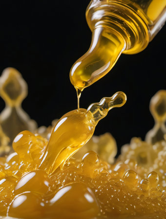 Photo Of Flowing Golden Drops Cannabis Wax Extract, Thc Live Resin. Generative AIの素材