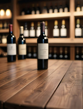 Wine bottles on wooden table in wine cellar. Wine tasting conceptの素材