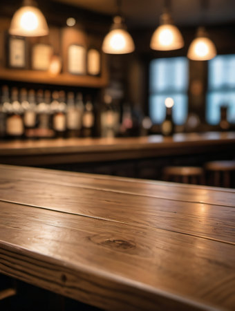 Empty wood table and Coffee shop blur background with bokeh image.の素材