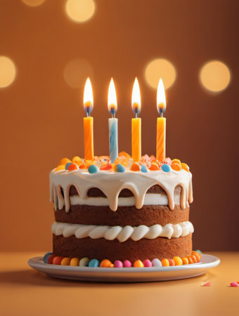 Birthday cake with burning candles on brown background. Toned.の素材