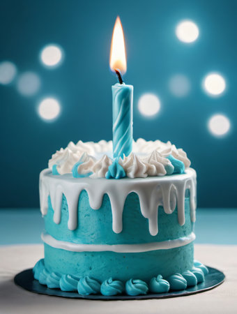 Birthday cake with blue frosting and lit candle on blue backgroundの素材