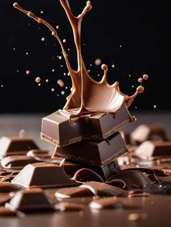 chocolate splashes on a black background, sweet food closeupの素材