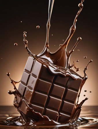 chocolate with splashes and drops on brown background, closeupの素材