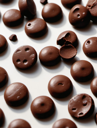Chocolate candies on white background. Selective focus. Toned.の素材