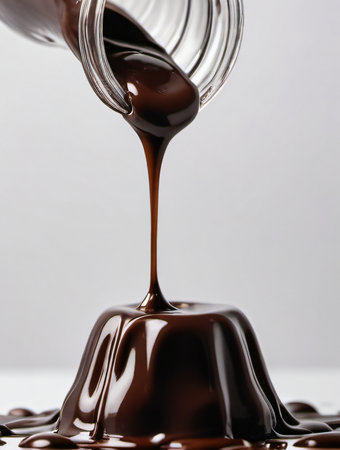 pouring chocolate syrup on a white background. close-up.の素材