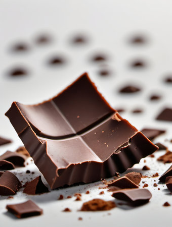 Pieces of chocolate with cocoa powder on white background, closeupの素材
