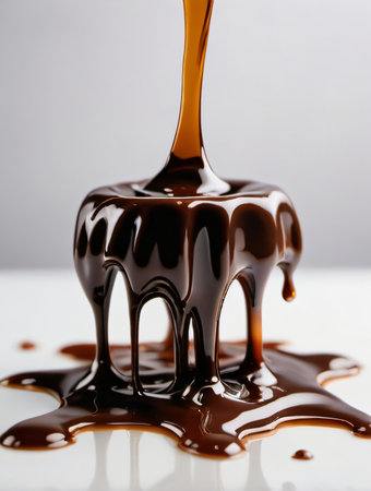 close up of chocolate syrup pouring on a white background with copy spaceの素材