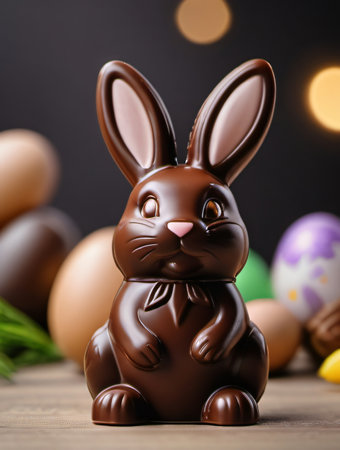 Easter chocolate bunny with eggs on a wooden table, closeupの素材
