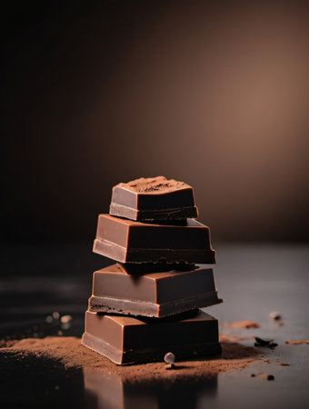 stack of chocolate bars with cocoa powder on black background, sweet foodの素材
