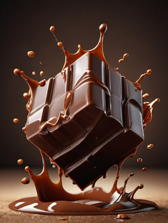Chocolate splash on brown background. Chocolate bar with drops of chocolate.の素材