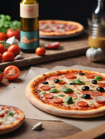 Photo Of Drawing, Pizza, Table, Organic Food Ingredients. Generative AIの素材