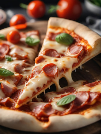 Photo Of Fresh Pizza Slice Pulled With Cheese. Generative AIの素材