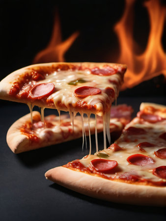 Photo Of Pizza Slice And Hot Pizza On Black Background. Generative AIの素材