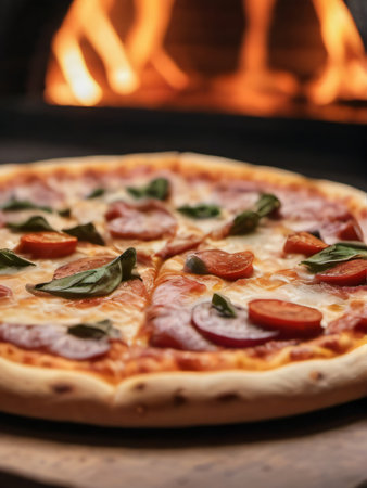 Photo Of Fresh Baked Pizza Closeup, Traditional Wood Fired Oven Background. Generative AIの素材