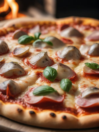Photo Of Fresh Baked Pizza Closeup, Traditional Wood Fired Oven Background. Generative AIの素材