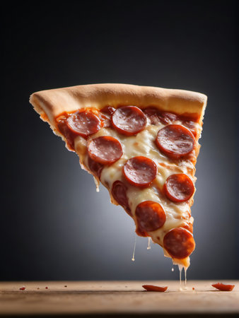 Photo Of Slice Of Salami Pizza Floating In The Air. Generative AIの素材