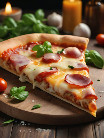 Photo Of Slice Of Pizza With Melted Cheese And Fresh Ingredients On Wooden Table, Italian Food. Generative AIの素材