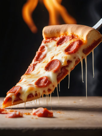 Photo Of A Piece Of Hot Pizza From The Oven With Stretching Cheese. Generative AIの素材