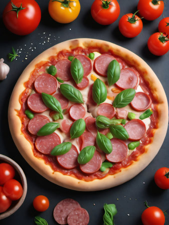 Photo Of Round Pizza With Salami And Vegetables Isolated. Generative AIの素材
