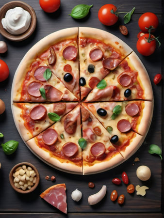 Photo Of Watercolor Italian Pizza On Wooden Background. Generative AIの素材