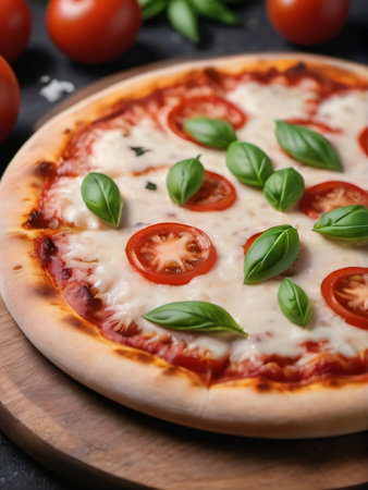 Photo Of Italian Pizza, Round Pizza Margherita On A Wooden Board, Isolated On A White Background. Generative AIの素材