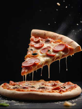 Photo Of Delicious Hot Pizza Floating In The Air And Ingredients Falling Into The Pizza. Generative AIの素材