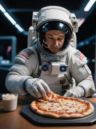 Photo Of Astronaut Ordering Food From Space, Space Traveling, Astronaut Eating Pizza. Generative AIの素材