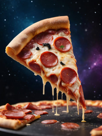 Photo Of Pizza Slice Flying In The Space Concept, Pepperoni Salami Galaxy Pizza With Dripping Cheese In Cosmos Visualization. Generative AIの素材