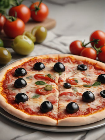 Photo Of Seth Piece And Round Pizza, Tomato, Olives, Pepper. Generative AIの素材