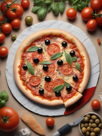 Photo Of Seth Piece And Round Pizza, Tomato, Olives, Pepper. Generative AIの素材