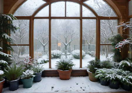 Beautiful view of a snow covered terrace with lots of plantsの素材