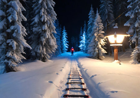 Snowy road in the mountains at night. Carpathians, Ukraineの素材