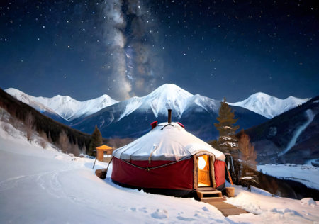 Yurt on the background of the starry sky in the mountainsの素材