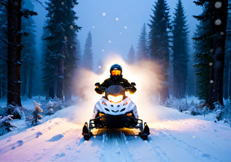Snowmobile in the forest at night. Snowmobiling in the winter forest.の素材