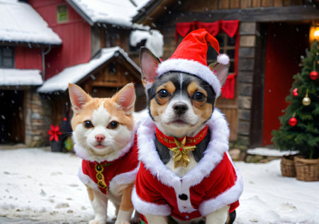 Two chihuahua dogs in santa claus clothes on the background of a wooden house in winterの素材