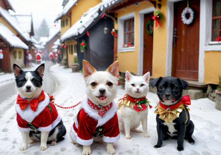 Group of chihuahua dogs with santa claus clothes on snowy streetの素材