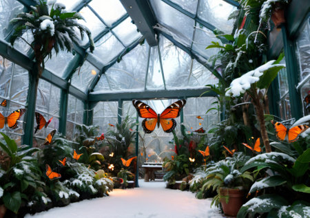 Beautiful butterfly in a greenhouse in the snow in winter. Selective focus.の素材