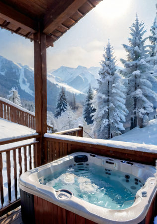 Hot tub in the mountains in winter with snow on the roof.の素材