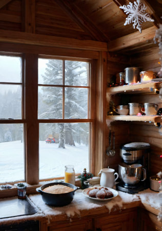 Beautiful interior of the cottage on the background of the winter landscapeの素材