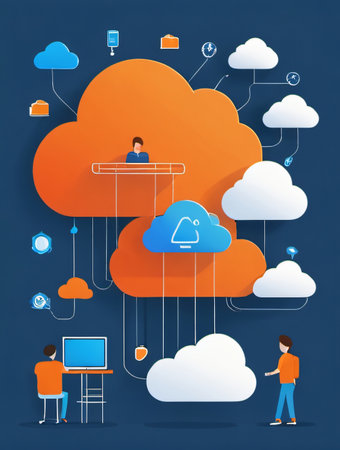 Cloud computing concept with people and icons on blue background. Vector illustrationの素材