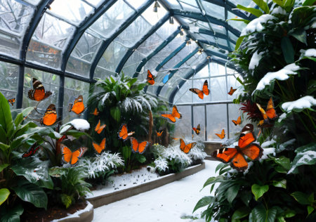 Flock of butterflies in a greenhouse with snow and green plants.の素材