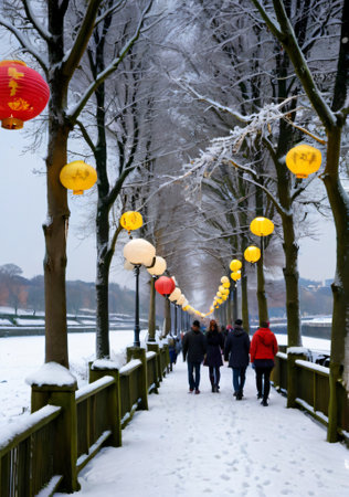 Lanterns on a bridge in winter with people walking aroundの素材