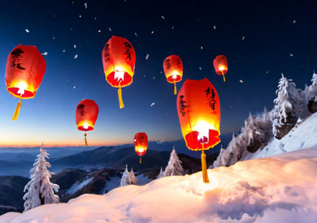 Chinese lanterns in the winter mountains at night. Lanterns in the mountains.の素材