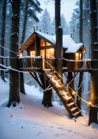 Wooden houses in the winter forest. Wooden houses in winter forest.の素材