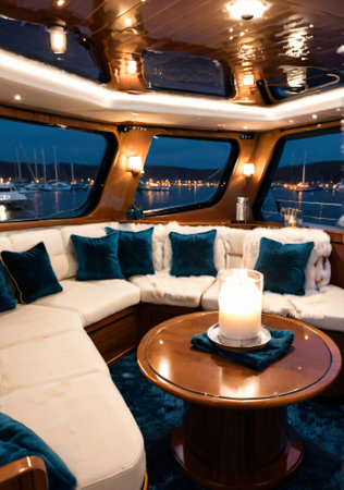 Interior of a cruise ship with a view on the yachtsの素材