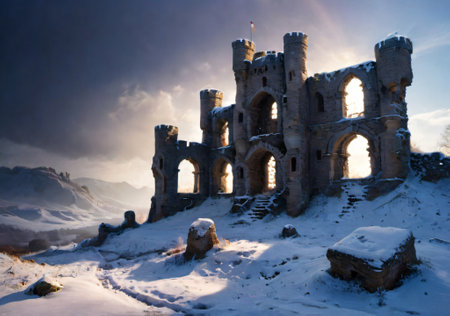 Ruins of the medieval castle in winter, Carpathian, Ukraineの素材