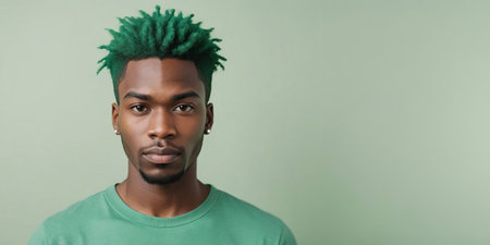 Photo Of A Humiliated African American Male Model With A Green Hair Isolated On A Flat Blurred Mintcream Background With Copy Space, Banner Template. Generative AIの素材